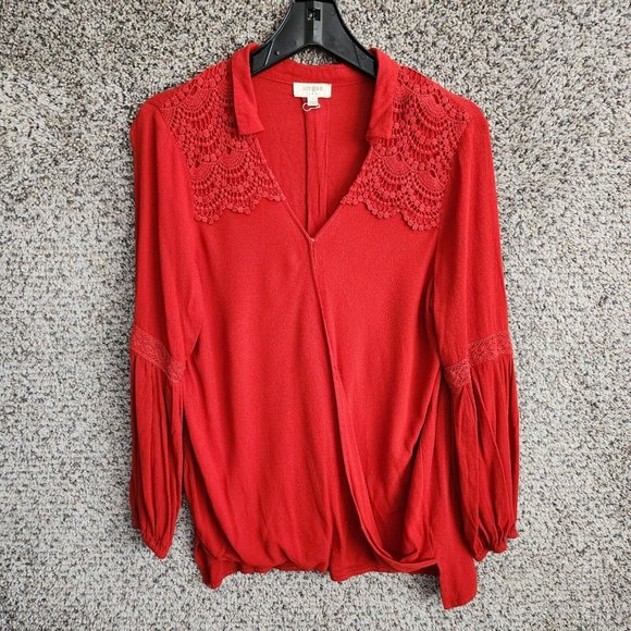 Umgee Top Womens‎ Small Faux Wrap Crochet Detail Orange Hi Low Long Sleeve Boho - Picture 1 of 7